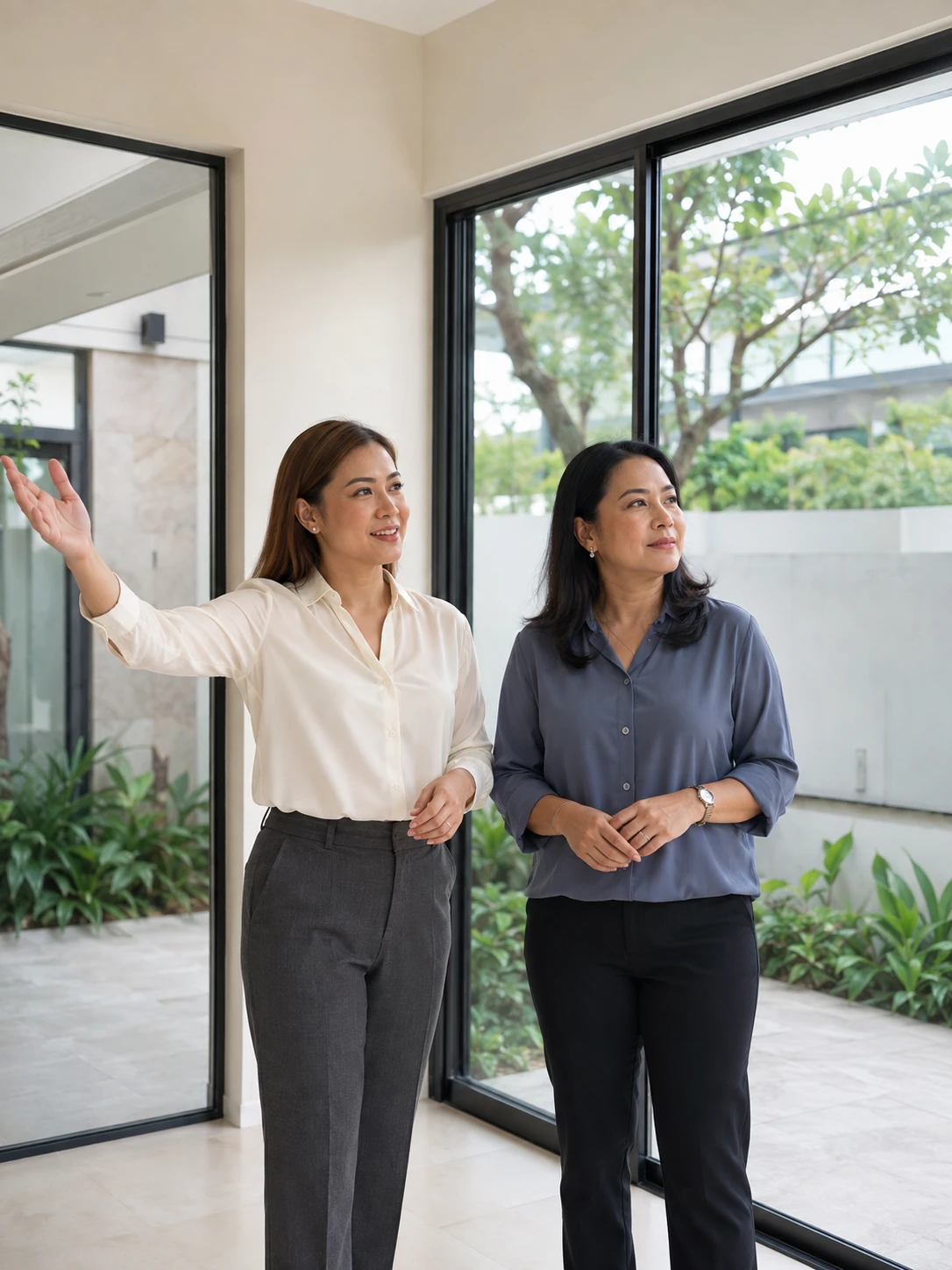 Property adviser showing a homebuyer around a bright model home