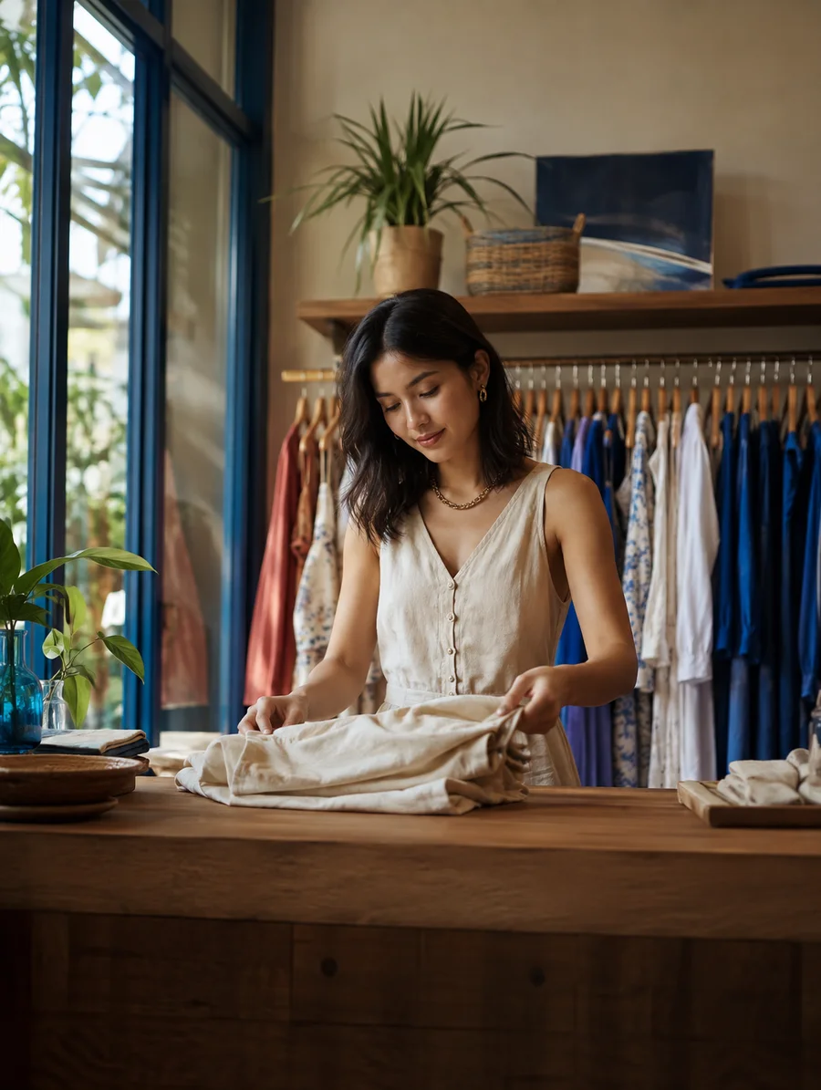 Boutique owner preparing a garment at her shop counter